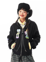 sillysis 黒のかわいい女の子イラスト、両頭金属ジッパー構造感スウェットパーカー