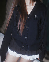 Bloom emblem demage Knit Cardigan