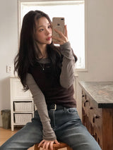 Feminine Border Cotton Boat Neck T-shirt (5color)