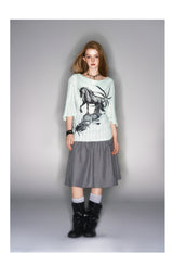 2025 Spring/Summer New Printed Mint Green Swing Neck Loose Top