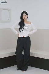 Lace lettering wide casual banding pants