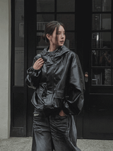 Binsi Pocket Overfit Hood Leather Jumper