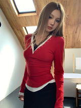 レースレイヤード長袖VネックTシャツ