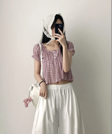Checkered Ruffle Square Button Short Sleeve Blouse