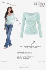 Mint chiffon mesh shirring long-sleeve tee