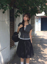 26SS★ [MADE] Momin Stripe Color Matching Button Layered Slim Short Sleeve T-Shirt