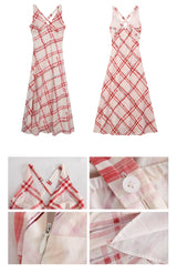 Red checkered V-neck sleeveless long dress