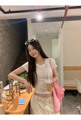 Back scarf bow see-through short sleeve T-shirt