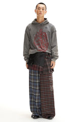 Retro elastic waistband comfortable casual and laid-back color-blocked straight-leg checkered pants