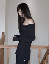 ボタン オフショルダー ニット(BLACK)