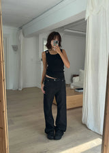 UNISEX) レザー ステッチ フレア デニム (S-L)