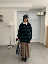 キヤン襟付きボーダーオーバー長袖Tシャツ