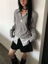 may sleeve button v-neck knit