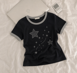 Kitch Look 💖 Night Star Patch Ringer Short Sleeve T-shirt  (4 colors)