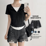 [Slit Shorts] ディストレストデニムショーツ (3 colors)