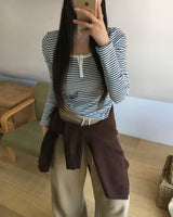 Color-Blocked Henley Neck Stripe T-Shirt