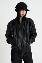 Curved leather overfit jacket