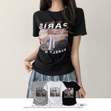 パリス✨エモーショナル フォトプリンティング サイド シャーリング ショートスリーブ Tシャツ