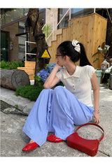 カラーボタンリボンカラーショートスリーブT