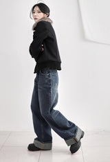 Cuffed cat washing denim pants