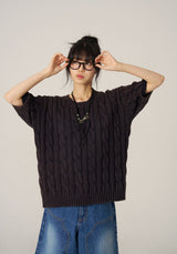 ケーブルウォッシング半袖ニット - Navy