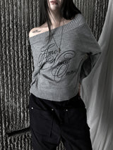 gray lettering off-shoulder knit