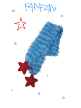 Fluffy Striped Scarf with Red Crochet Stars at Both Ends  （Winter Sun Red &Glacier Blue）