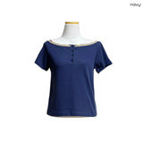 (3color) Wave Braided Neck Off-Shoulder Short Sleeve Tee