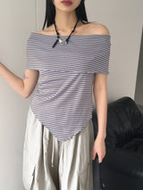 セビーストライプダイアグナルオフショルダーT