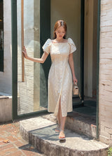 26SS★ Ruckbell Square Neck Embroidered Tulip Pintuck Long One Piece