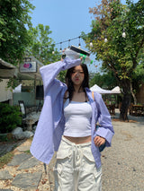 Blue check turban pocket loose fit shirt
