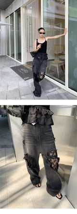 Vintage lace patch black denim pants