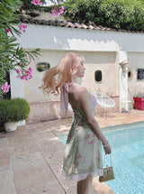 ROSE ISLAND Matcha Peach Dew Bowknot Halter Neck Light Pink Contrast Mint Green Old-fashioned Floral Dress