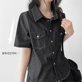 Slim Fit Short-Sleeved Denim Shirt Stitch Point Collar Blue Shirt (3 colors)