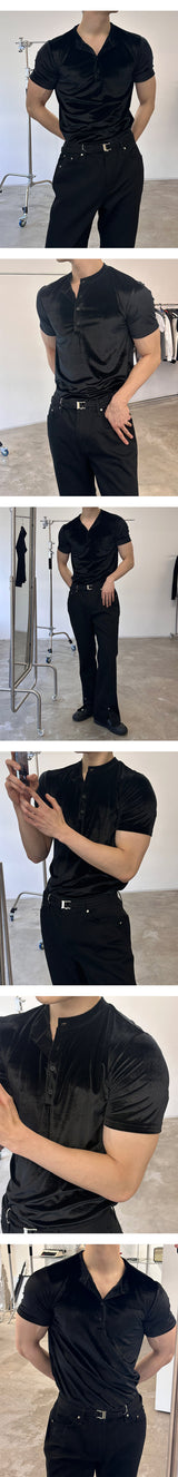 [MUSCLE FIT] Velvet golgi henry neck half t-shirts