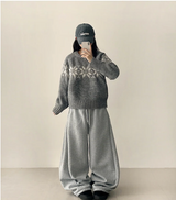 Terry Fleece side pin tuck incision string wide pants