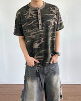 Camouflage Henley Neck Short Sleeved T-shirt