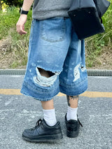 Double destroyed denim bermuda pants 1C