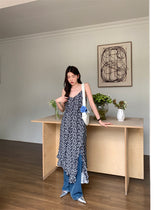 スリットシャーリングフラワーロングノースリーブドレス