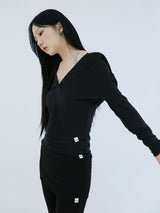 SLIM LONG BUTTON HOODIE TOP(BLACK)