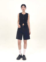  3RD REORDER HIP POCKET EMBROIDERY BLACK DENIM SHORTS LONG VERSION code 25106