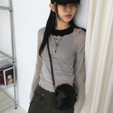 Nowell heart cutting see-through tencel wave u-neck long sleeve t-shirt