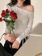 Ribbon Strap One Shoulder Slim T-Shirt (3color)