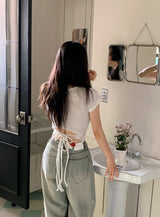 SL Emboss Back Slit Strap Crop Short Sleeve T-shirt (3color)