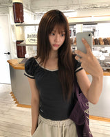 [ORIGINAL] Mori V-Neck Shirring Puff-Sleeve T-Shirt