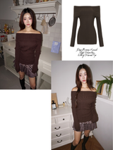 Deep Brown V-neck Off-Shoulder Long-Sleeved Top
