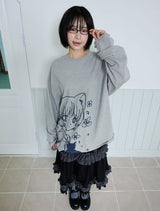 キャットガール & フラワー長袖Tシャツ - グレー