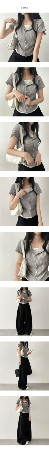 Dove Side Shirring Pleated Layered Snap Short-Sleeved Cardigan T-Shirt