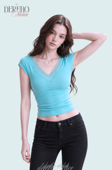 Mood Lace V Mint Short-Sleeved Top