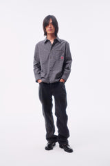 FINE PLAID RANDOM STITCH SILVER THREAD LOGO SQUARE LABEL HEM COLOR-TOOTH ZIPPER SIDE HAND-SEWN BUTTON SHIRT